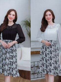 kudapy เดรสสั้นสีขาว/สีดำ ผ้าชีฟองกระโปรงลายดอก ช่วงไหล่เป็นลูกไม้ แต่งด้วยลูกไม้รอบคอ กระโปรงทรงสวยเป็นระบายหางปลา
