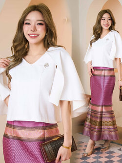 kudapy ชุดออกงาน เสื้อผ้าฝ้ายแขนระบาย+กระโปรงผ้าไหม ทรงหางปลา