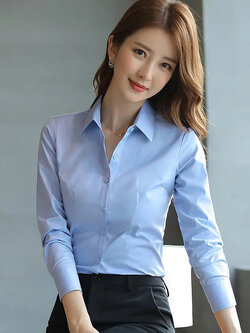 kudapy เสื้อเชิ้ตทำงานสีฟ้า คอปก แขนยาว