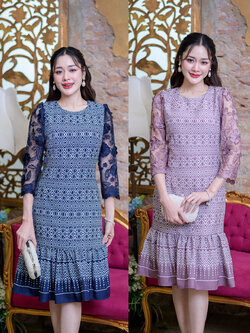 kudapy เดรสสั้นสีกรม/สีม่วง ลายไทยผสมผสานผ้าลูกไม้ ช่วงแขนเป็นงานลูกไม้พรีเมี่ยมดอกลอยแถมมีเลื่อมหรูหรา