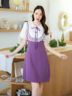 kudapy เดรสสั้นสีม่วง ผ้าพื้นแขนตุ๊กตาแต่งคอ