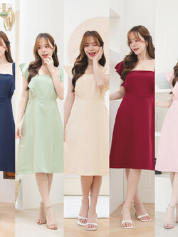 kudapy เดรสทรงคอเหลี่ยม ช่วงกระโปรงเป็นทรงเอ ช่วยsafeสาวๆที่มีสะโพกได้ดี ความยาวแบบคลุมเข่าพอดี