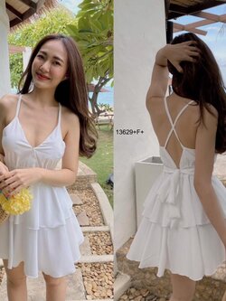 kudapy ดรสสั้นเว้าอกไปทะเล เว้าหลัง ผูกเชือกรัดเอวด้านหลังนะคะ กระโปรงแต่งชั้นระบาย2ชั้น
