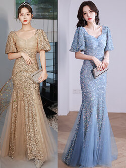 kudapy เดรสยาวสีทอง/สีฟ้า ผ้าปักเลื่อม สวยเรียบหรูดูแพง ใส่งานกลางวัน กลางคืน งานแต่งงาน ชุดราตรี