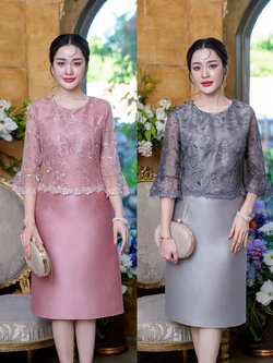 kudapy เดรสสั้นสีชมพูโรสโกล/สีเทา ผ้าไหมญี่ปุ่น ดีไซน์ด้านบนเย็บคลุมด้วยลูกไม้ช่วงแขน