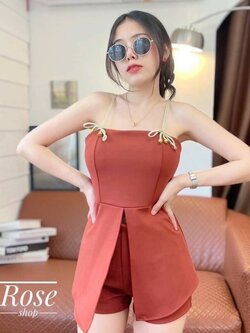 kudapy Set 2 ชิ้น สีส้มอิฐ เสื้อสายเดี่ยว + กางเกงขาสั้น ใส่เที่ยวทะเล