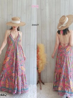 kudapy เดรสายเดี่ยวคู่ มีสายรูดผูกเอวปรับเข้ารูป เนื้อผ้าไหมอินเดียพิมพ์ทอง งานชิว ใส่สบาย ลุคเหมาะกับหน้าร้อนซัมเมอร์