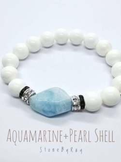 สร้อยข้อมือเปลือกหอยเจียรกลม+อความารีน