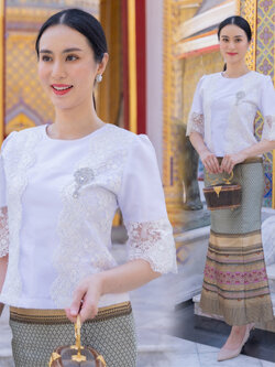 kudapy ชุดผ้าไหมชุดออกงานสีขาว ไปวัด ทำบุญ ทรงหางปลา