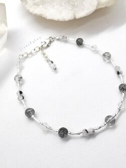 สร้อยข้อมือเงินหินไหมดำ+หินมูนสโตน Black Tourmaline Quartz+Moonstone