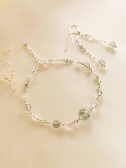 ชุดต่างหูและสร้อยข้อมือเงินหินไหมเขียว+โรสควอตซ์ Green Rutile Quartz+Rose Quartz