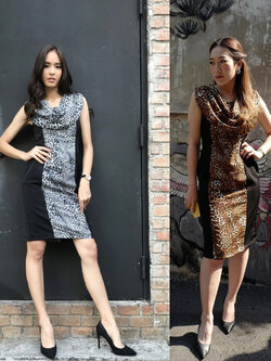 kudapy เดรสสั้นลายเสือแขนกุด สีน้ำตาล สีดำ กระโปรงทรงตรง ผ้ายืดหยุ่น