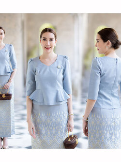 kudapy เซ็ตเสื้อ+ผ้าถุง เสื้อผ้าไหม+ผ้าถุงทอลายละเอียดทั้งตัว ตัดเย็บแบบห้องเสื้อ งานตัดเย็บสวยมากคุณภาพพรีเมี่ยม