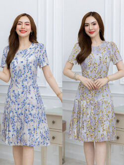 kudapy เดรสสั้นสีเทาดอกเหลือง/สีเทาดอกฟ้า ลายดอก กระโปรงจีบรอบตัว ดีเทลจีบชายกระโปรง