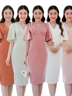 kudapy เดรสสั้นสีขาว/สีชมพู/สีครีม/สีมิ้น/สีชาไทย เข้ารูปทรงสอบ เอวสูงใต้อก คอวี ดีเทลต่อแขนระฆัง จีบยกบ่า