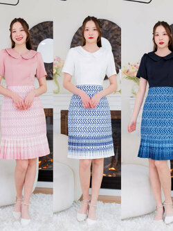 kudapy เดรสสั้นสีขาว/สีแดง/สีชมพู คอบัวกระโปรงลายไทย