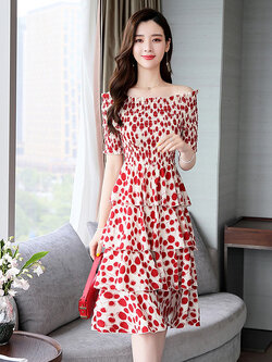 kudapy ชุดเดรสสั้นสีแดง,สีน้ำเงิน ใส่ทำงาน ผ้าโพลีเอสเตอร์ผสมพื้นสีครีม