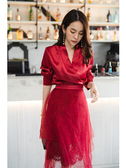 kudapy เซตเสื้อเชิ้ต+กระโปรง สีน้ำเงินกรมท่า/สีแดง ผ้าวาเลนเนื้อนิ่มลื่นใส่สบาย