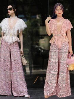 kudapy เซตเสื้อลูกไม้แต่งระบายสีขาว,สีชมพู +กางเกงขายาวทรงขาบสนพิมพ์ลาย