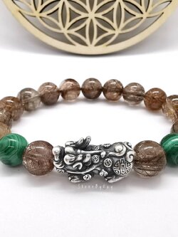 สร้อยข้อมือหินมาลาไคต์+ปี่เซียะเงินแท้รมดำ+ไหมเศรษฐี