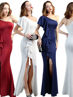 kudapy เดรสยาวสีกรม/สีขาว/สีแดง ชุดราตรียาวออกงานมาใหม่ ดีไซน์ไหล่เดียวแต่งระบาย กระโปรงผ่าหน้า ผ้าสปริงตัวเข้ารูปสวย (ผ้ายืดตามหุ่นคนใส่) ผ้าไม่บาง หนาปานกลาง ใส่ไม่โป้ะค่ะ