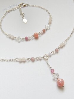 สร้อยคอsetเงินจี้หินโรโดโครไซต์+เฮอร์คิเมอร์+ทัวมารีน+โรสควอตซ์