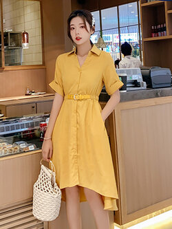 ชุดเดรสสีเหลือง ผ้าโพลีเอสเตอร์ผสมเนื้อดี ดีไซน์สวยเก๋