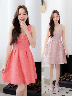 kudapy เดรสสั้นสีชมพู/สีแดง แขกุดผ้าทอ ใส่สบายตัว