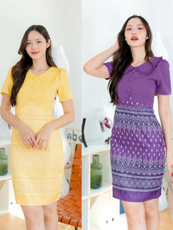 kudapy เดรสสั้นสีม่วง/สีเหลือง ลายไทยคอบัวกั๊กพื้น