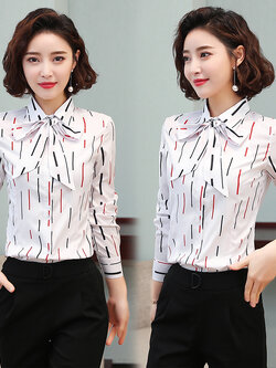 kudapy เสื้อเชิ้ตทำงานสีขาวพิมพ์ลาย ผูกโบว์ที่คอ แขนยาว