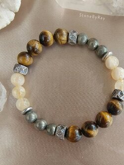 สร้อยข้อมือหินซิทรินร้อยกับไพไรต์และหินตาเสือ