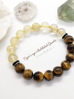สร้อยข้อมือหินตาเสือร้อยกับหินไหมทอง Tiger's eye+Rutilated Quartz