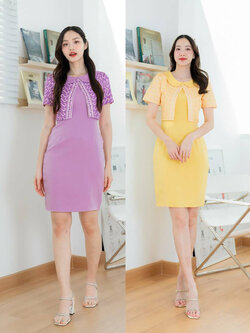 kudapy เดรสสั้นสีเหลือง/สีม่วง ผ้าพื้นคอบัวแต่งกั๊ก