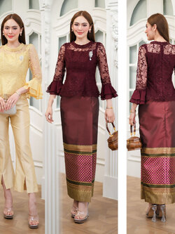 kudapy เสื้อลูกไม้คอกลมแต่งลูกไม้พรีเมี่ยมสีแดง /สีทอง ปักกริสเตอร์บนผ้าลูกไม้ แขนห้าส่วนแต่งแขนกระดิ่ง ตรงปลายแขนเป็นผ้าชีฟอง (เฉพาะเสื้อ)