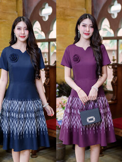 kudapy เดรสสั้นสีเปลือกมังคุด/สีกรม ผ้าพิมพ์ลายไทย เนื้อผ้าโพพลีผสมเนื้อเบาผ้าไม่หยาบใส่สบาย