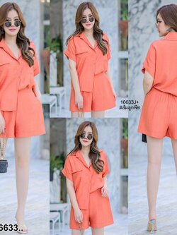 kudapy Set #สาวอวบ 2 ชิ้น เสื้อเชิ้ตไหล่ล้ำ คอปก + กางเกงขาสั้น ไปทะเล