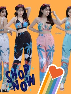 kudapy Set 2 ชิ้น เสื้อสายผูกไหล่ พิมพ์ลาย + กางเกงขายาว เซตไปทะเล เดินชายหาด