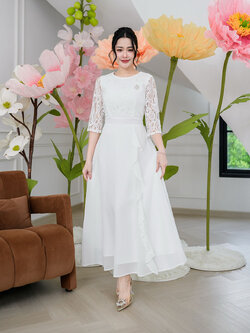 kudapy เดรสลูกไม้ผ้านิ่มทรงแขนศอก กระโปรงยาวผ้าพริ้วแต่ระบายเพิ่มเลเยอร์ให้ชุดดูสวย