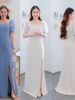 kudapy เดรสยาวสีฟ้าคราม/สีครีม คอเหลี่ยม แขนตุ๊กตา ผ้า organza ปรับขยายไซส์แขนได้ กระโปรงหางปลาผ่าหน้า