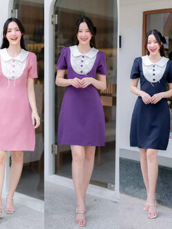 kudapy เดรสสั้นสีชพู/สีกรม/สีม่วง ผ้าพื้นแต่งอกปักมุก