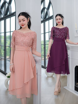 kudapy เดรสลูกไม้ทอผสมดิ้นแต่งเลื่อม งานเดรสออกงานรุ่นสวยหวาน ดีไซน์คอปาดโชว์คอ ช่วงกระโปรงเป็นงานผ้าชีฟอง