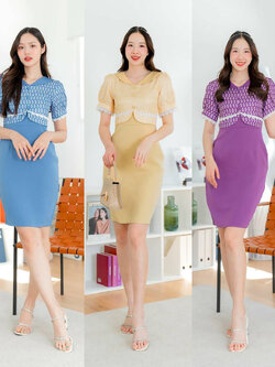kudapy เดรสสั้นสีม่วง/สีฟ้า/สีเหลือง ผ้าพื้นกั๊กลายไทย เดรสใส่ออกงาน ใส่ทำงาน