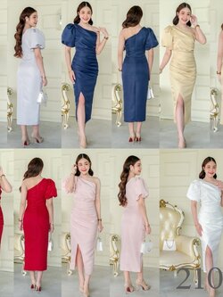 kudapy เดรสยาวสีชมพู/สีทอง/สีกรมท่า/สีขาว/สีแดง/สีเทา ไหล่เดี่ยว แขนพอง กระโปรงทรงสอบ เก็บทรง ดีเทลกระโปรงป้ายผ่าข้าง