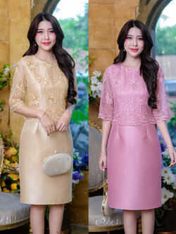 kudapy เดรสสั้นสีชมพู/สีเหลืองทอง ผ้าไหมคลุมลูกไม้ใยบวบปักลาย รุ่นนี้เป็นผ้าลูกไม้ดอกลอย มีซับในทั้งชุด ซิปหลัง