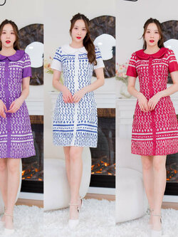 kudapyเดรสสั้นสีแดง/สีม่วง/สีขาว ผ้าไทยคอบัวลายขอ