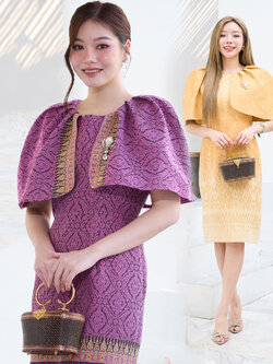 kudapy เดรสสั้นคลุมเข่า ออกงานสีม่วง สีเหลือง เดรสผ้าไหมไทยทอลาย งานตัดผ้าไหมไทย