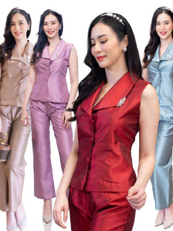 kudapy ชุดเซต เสื้อแขนกุด+กางเกง ผ้าไหมใส่ออกงาน สีแดง,สีชมพู,สีเทา,สีน้ำตาล