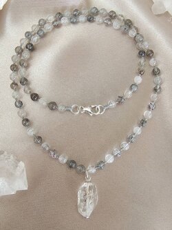 สร้อยคอเชือกถักหินไหมดำกับจี้คริสตัลเฮอร์คิเมอร์ Black Tourmaline Quartz+Herkimer Diamond