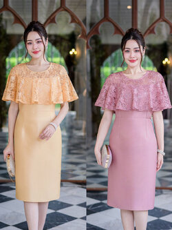 kudapy เดรสสั้นสีเหลืองทอง/สีชมพุกะปิ ผ้าไหมสไตล์คลุมไหล่ เดรสเป็นผ้าไหมญี่ปุ่นทรงเอวต่อผ้าไหมอัดกาวให้ทั้งชุด