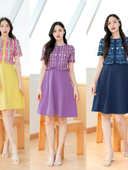 kudapy เดรสสั้นสีกรม/สีม่วง/สีเหลือง กระโปรงสีพื้นแต่งเสื้อลายไทย